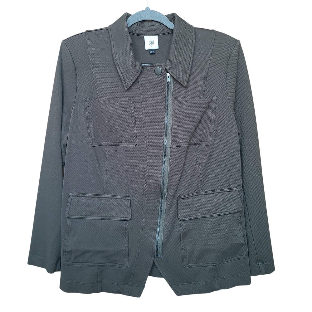 Cabi Large Olive Green Military Academy Utility Blazer Jacket Asymmetrical Zip